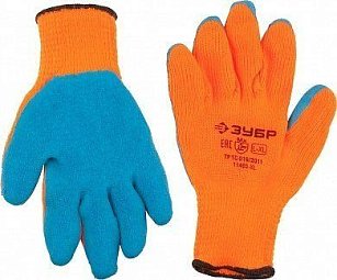 Перчатки ЗУБР утепленные, акриловые, с рельефным латексным покрытием, 10 класс, сигнальный цвет, L-XL