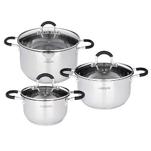 Набор кастрюль SATOSHI Альбер 6 пр.: 1,7л, 3,4л, 6,0л, черные силиконовые ручки, со стеклянной крышкой