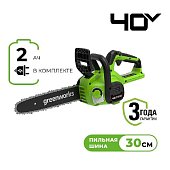 Пила цепная аккумуляторная Greenworks G40CS30IIk2 (АКБ 2Ач и ЗУ)