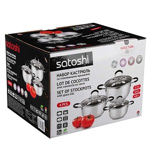 Набор кастрюль SATOSHI Альбер 6 пр.: 1,7л, 3,4л, 6,0л, черные силиконовые ручки, со стеклянной крышкой